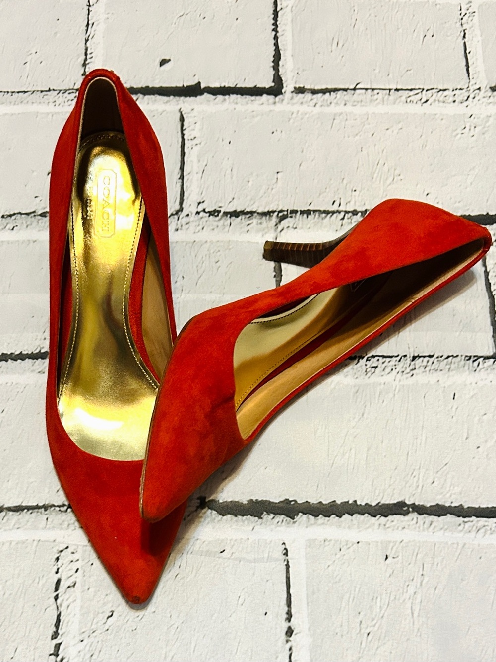 Coach Burnt Orange Suede Pumps with Gold Insole & Wood Heels (Size 9)